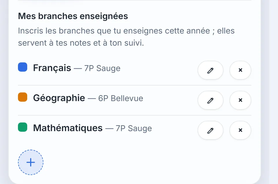 Sous-rubrique « Mes branches enseignées » : liste des branches avec leur classe, boutons modifier et supprimer