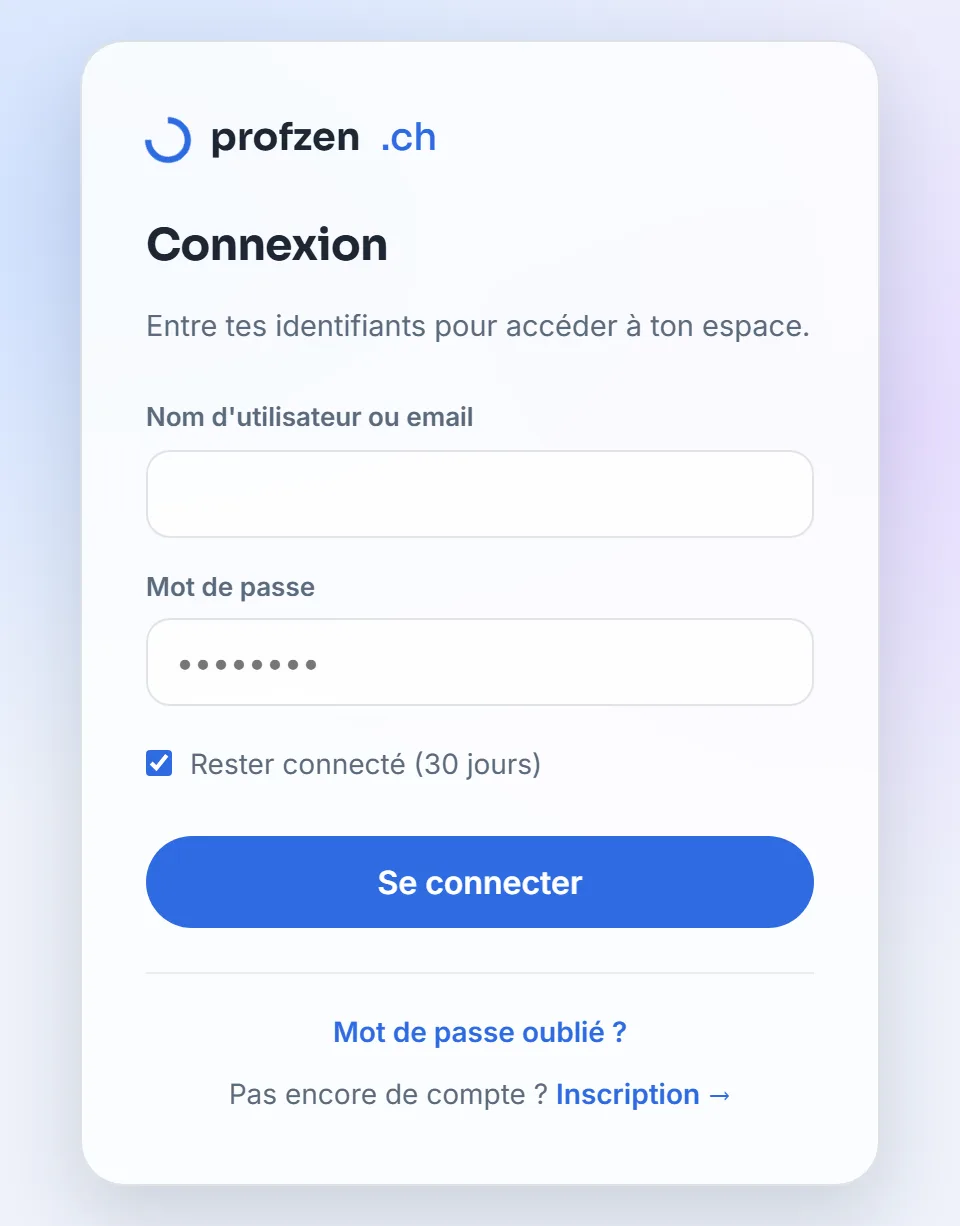 Écran de connexion ProfZen : nom d'utilisateur ou email, mot de passe, et case « Rester connecté »