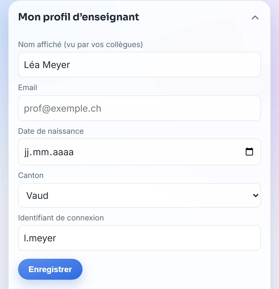 Rubrique « Mon profil d'enseignant » dépliée : nom affiché, email, date de naissance, canton et identifiant de connexion
